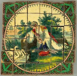 Old tile puzzle of a woman and boy feeding swans. ca. 1850?
