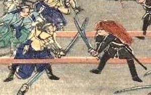 Japanese guys in wigs with swords, duelling. Bowie is said to have been inspired by Japanese wigs like these for his early-70s hairdo.