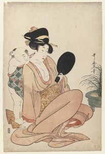 A Japanese woman with an open kimono sits with her small son behind her. They are both looking into a mirror.